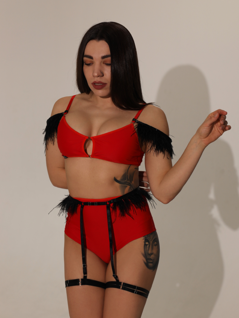 CHARM Set – Feather Trim Top and High-Waisted Shorts for Pole Dance, Twerk & Performance Shows