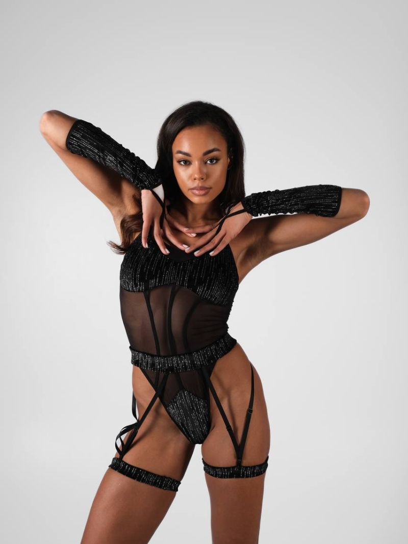 NOX Bodysuit  – Black Sparkle Pole Dance Bodysuit with Garters and Gloves